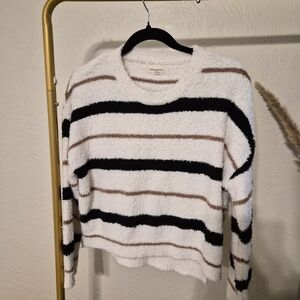 Striped Fuzzy Sweater - White, Black, and Brown